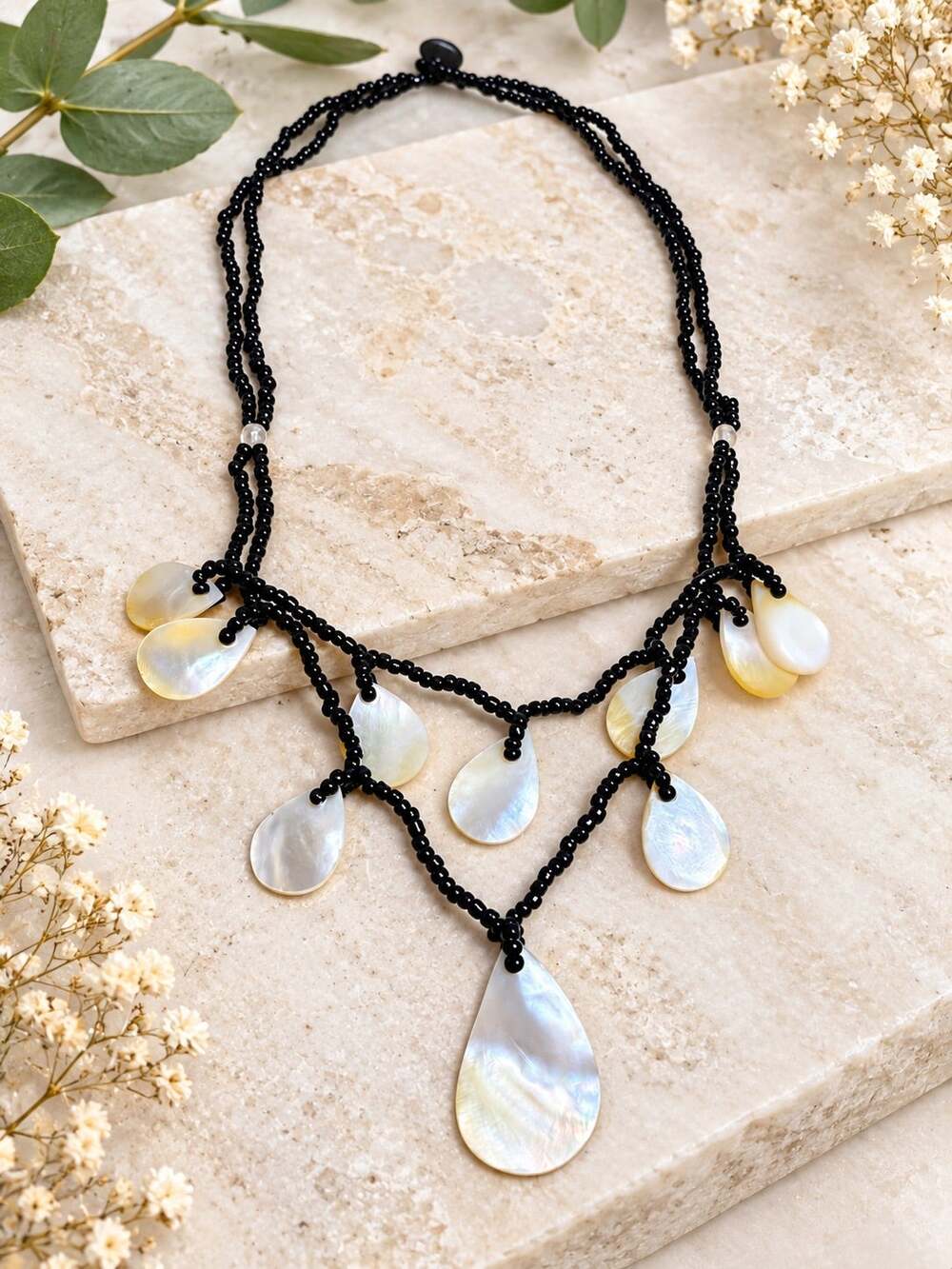 Seed Beads Layered Tear Drop Pearl Black White Necklace Boho